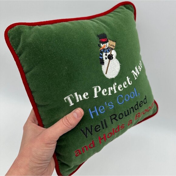 Green Velvet Pillow Snowman Embroidery The Perfect Man Christmas Throw Cushion - Picture 4 of 9